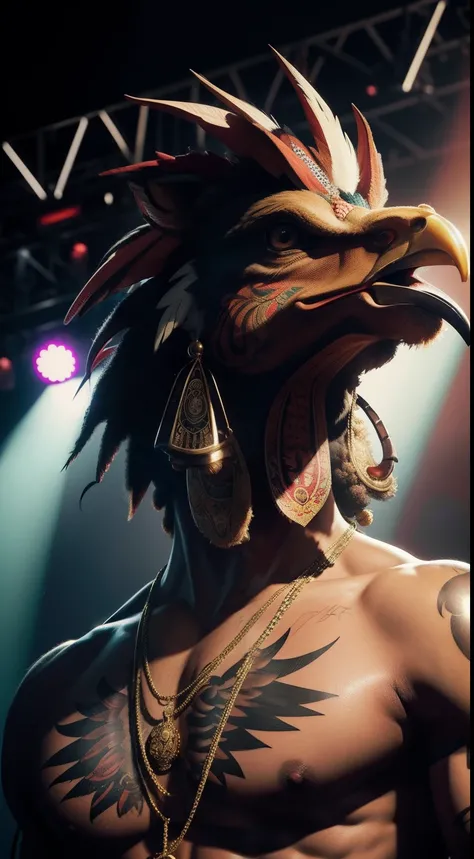 rooster head, rapper, tattoo, micro, on stage, rapping, Animal Anthropomorphism, realistic digital, humanoid, abstract background, global illumination, intricate, epic, dramatic, masterpiece, high detail, best quality, ultra high res