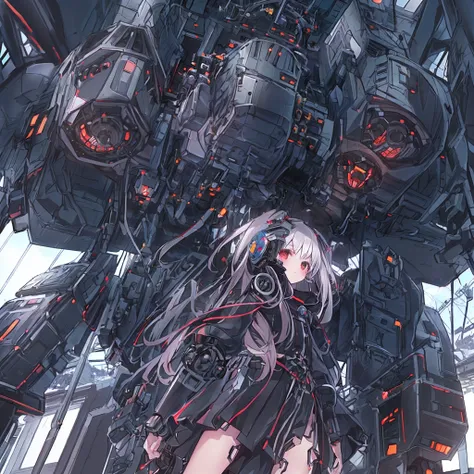 absurderes, hight resolution, (Anime style:1.1), ((masutepiece)), ((Best Quality)), (Ultra-detailed), (Beautiful), 独奏, Beautiful face、(liftup),12year old、(Climb into the cockpit of a robot、Girl piloting:1.4)、(Silver long hair:1.2), Red Eyes,Looking at View...