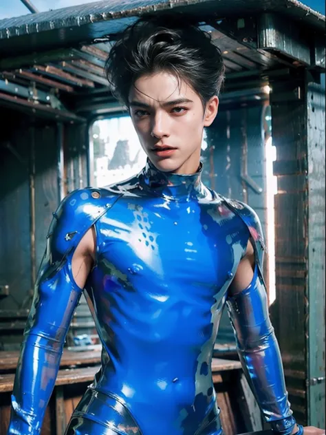 shinji，are standing，Stuck in a swamp，mud ground，Swamp traps，full bodyesbian，Sunny and handsome，Muscular body，large muscle，fully body photo，One-piece latex garment，latex shiny, latex legwear，latex glove，Shin Evangelion，Put it on the combat base，Blue tight c...