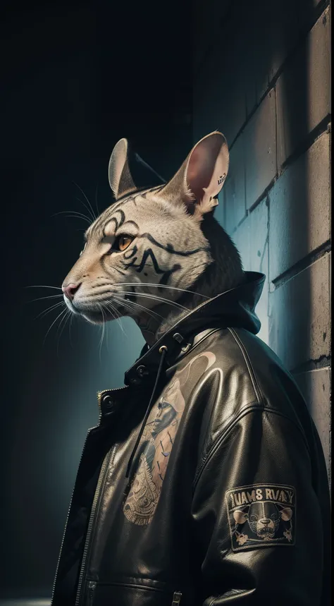 rapper, modern clothes, street style, rap gravity, wall background, tattoo, rat face, rapping, Animal Anthropomorphism, realistic digital, humanoid, abstract background, global illumination, intricate, epic, dramatic, masterpiece, high detail, best quality...