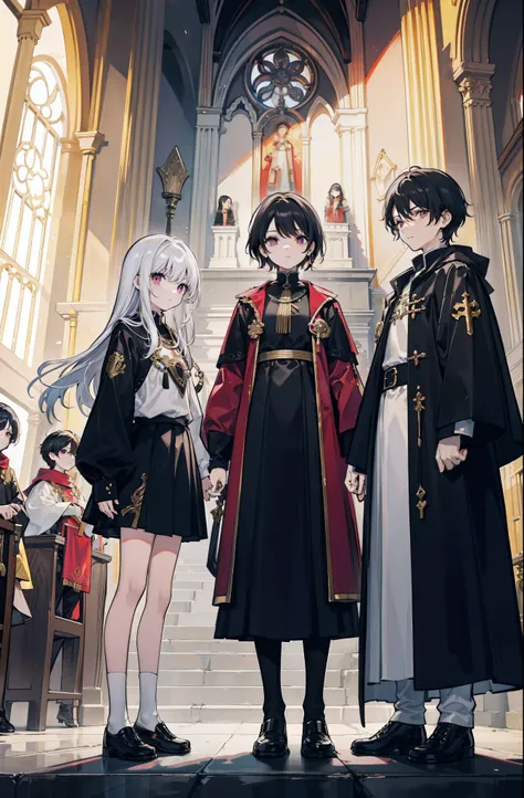 Dragon and phoenix fetus，Sister and brother，Black-haired younger brother，Older sister with white hair，The younger brother is 14 years old，My sister is 15 years old，Stand in front of the large bell of the church，16k,Ultra high quality