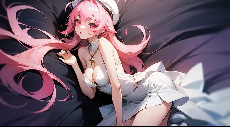 1 girl, game CG, white clothes showing cleavage and shoulders, short white skirt, small white beret, jeweled pendant, gigantic breasts, pink hair, long hair, straight hair, princess hairstyle, ahoge, pink eyes, whole body, dakimakura,