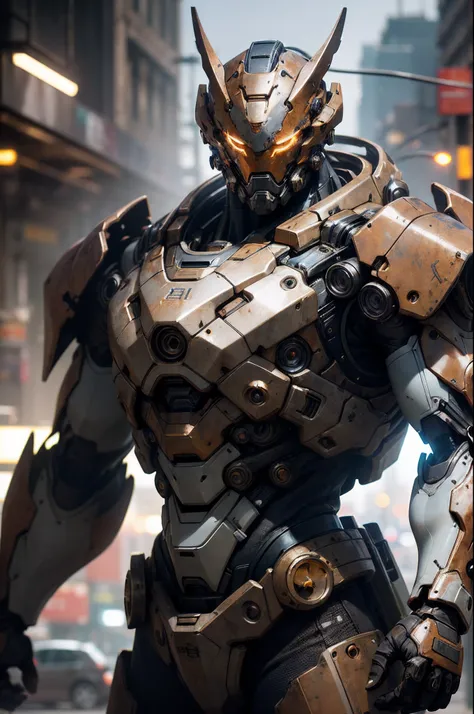 Portrait photo of an alpha male, perfect eyes, in a worn mecha suit, ((light bokeh)), intricate, (steel metal [rust]), elegant, sharp focus, photo by greg rutkowski, soft lighting, vibrant colors, masterpiece, ((streets)), cowboy shot, dynamic pose,