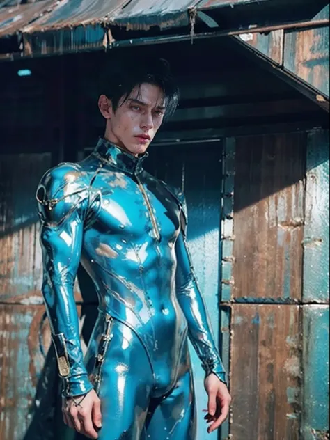 shinji，are standing，Limbs tied by chains，Cant move，Trapped in a swamp，mud ground，Swamp traps，full bodyesbian，Sunny and handsome，Muscular body，large muscle，fully body photo，One-piece latex garment，latex shiny, latex legwear，latex glove，Shin Evangelion，Put i...