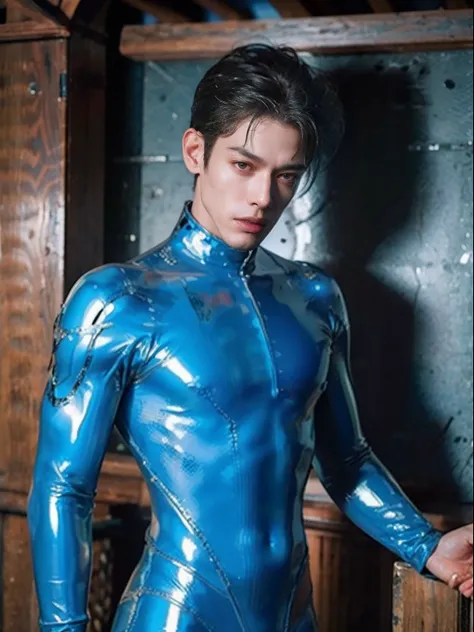 shinji，are standing，Limbs tied by chains，Cant move，Trapped in a swamp，mud ground，Swamp traps，full bodyesbian，Sunny and handsome，Muscular body，large muscle，fully body photo，One-piece latex garment，latex shiny, latex legwear，latex glove，Shin Evangelion，Put i...