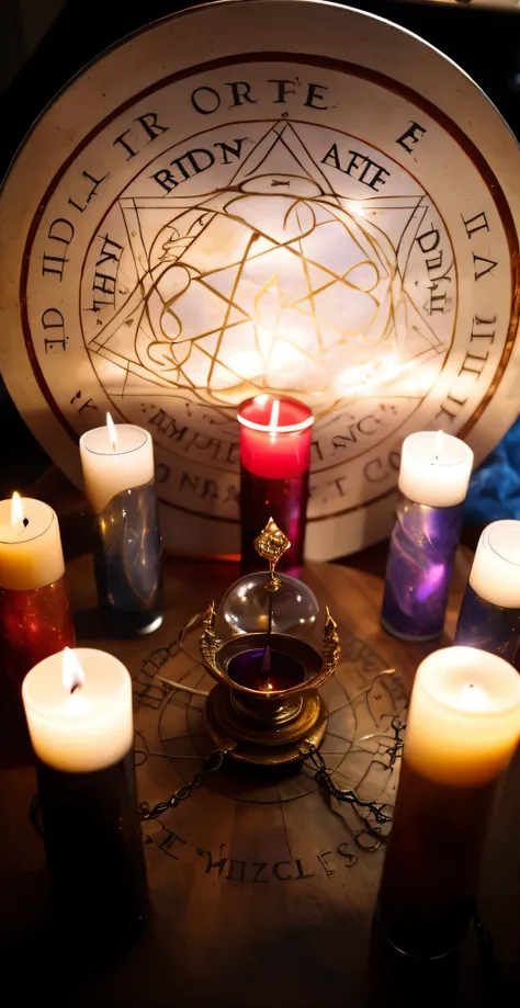 Candles are lit in front of the plate，On the plate is the wheel of life, home wicca scene, casting spells, casting a protection spell, Black magic spells, holy flame spell, spell casting wizard, summoning circle, sorcerous, Sacrificial altar, Displayed on ...