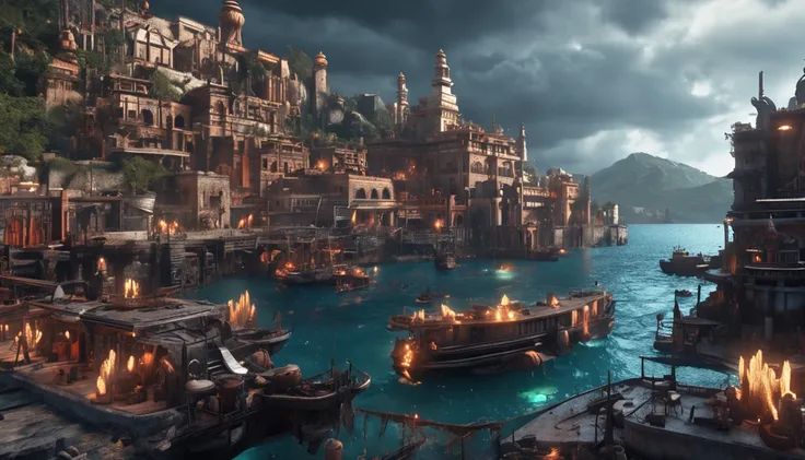 (Ultra realistic, Intricate, Epic movie scene), (a Mindflayers Seeks the legendary lost city, full body) (in A Bustling Harbor), (Intricate, Lots of tiny details, amazing lighting, amazing setting), (Colorful, Ultra Realistic, High quality, Highly detailed...