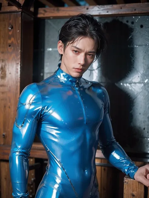 shinji，are standing，The limbs were tied with chains，Cant move，Trapped in a swamp，mud ground，Swamp traps，full bodyesbian，Sunny and handsome，Muscular body，large muscle，fully body photo，One-piece latex garment，latex shiny, latex legwear，latex glove，Shin Evang...