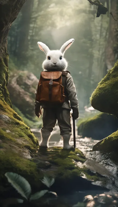 Classic negative portrait photo, fantasy video game character concept art, a cute white fluffy rabbit with a small brown leather backpack looking at a map hiking through the forest, dungeons and dragons, fantasy, river, haze, halo, Bloom, dramatic atmosphe...