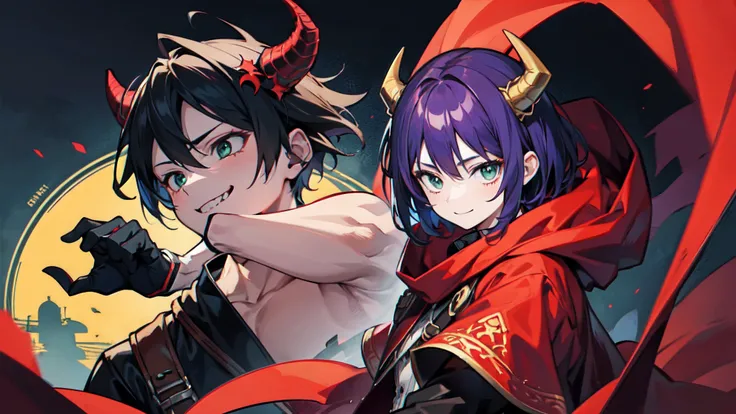 top-quality、​masterpiece、Boy with short purple hair、Green eyes、demonic horns、A smile、red cloak、Composition that reflects the whole body、combat pose、Thumbnail image、Blue background