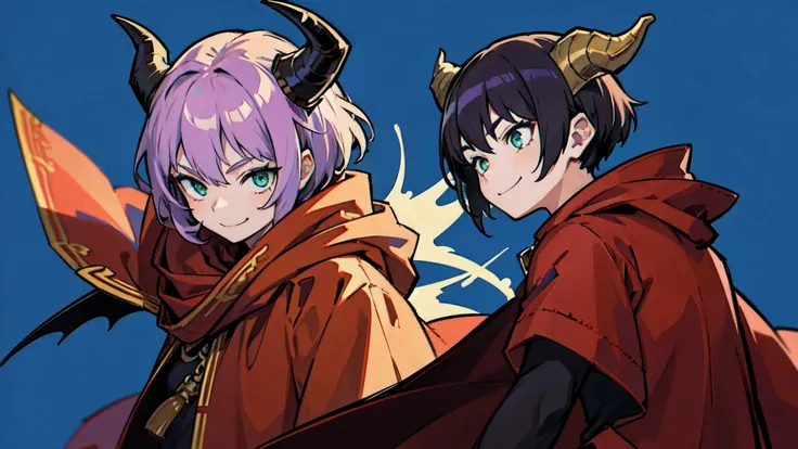 top-quality、​masterpiece、Boy with short purple hair、Green eyes、demonic horns、A smile、red cloak、Composition that reflects the whole body、combat pose、Thumbnail image、Blue background