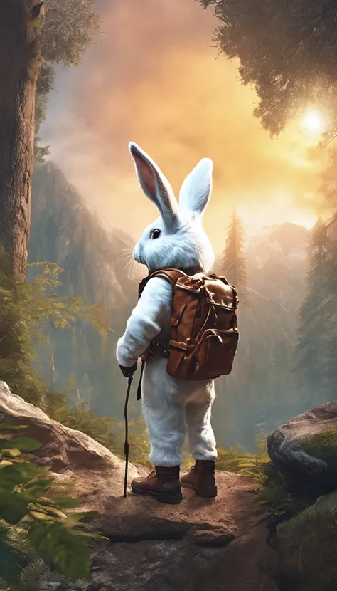 Classic negative portrait photo, fantasy video game character concept art, a cute white fluffy rabbit with a small brown leather backpack looking at a map hiking through the forest, dungeons and dragons, fantasy, river, haze, halo, Bloom, dramatic atmosphe...