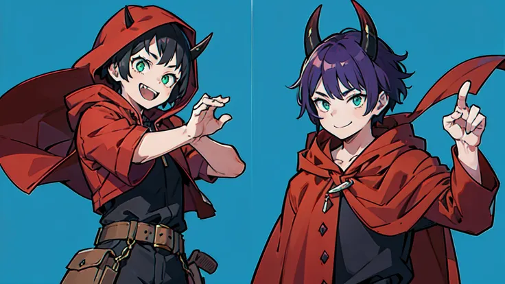 top-quality、​masterpiece、Boy with short purple hair、Green eyes、demonic horns、A smile、red cloak、Composition that reflects the whole body、combat pose、Thumbnail image、Blue background