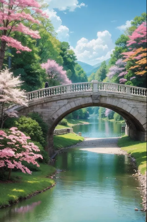 a painting of a bridge over a body of water, anime nature wallpap, anime scenery, anime nature, anime landscape, ross tran. scenic background, anime landscape wallpaper, anime background art, anime movie background, colorful anime movie background, anime b...