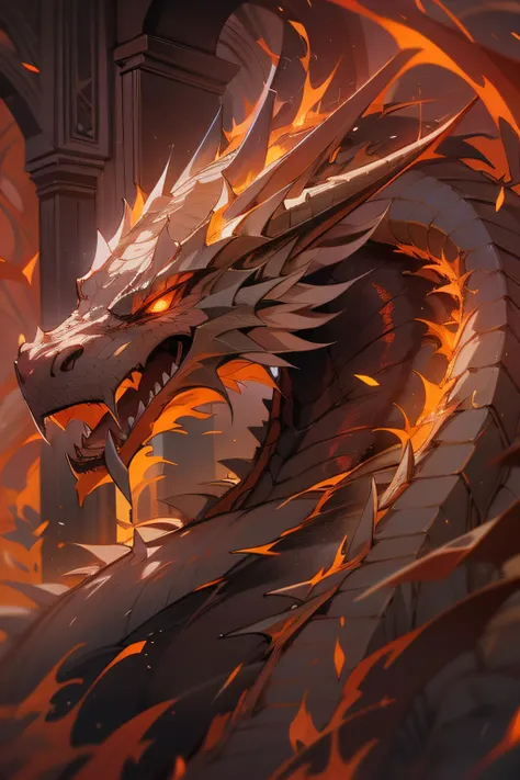 "Immerse yourself in the awe-inspiring grandeur of an enigmatic dragon bathed in the ethereal glow of infernal flames, as ancient symbols channel its mystical power."