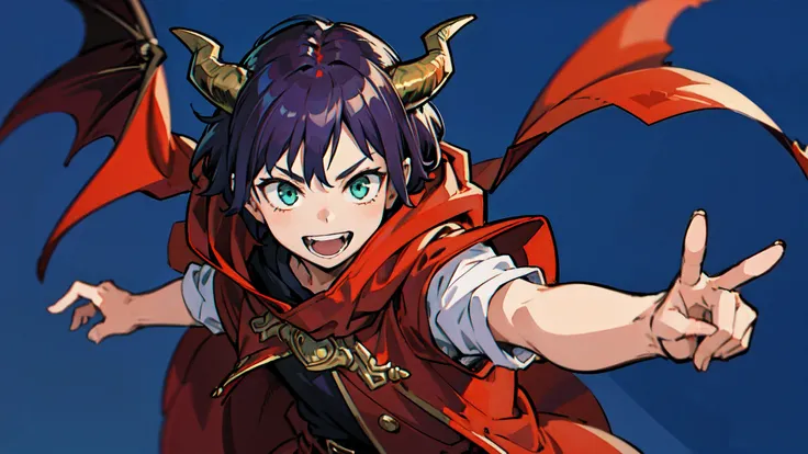 top-quality、​masterpiece、Boy with short purple hair、Green eyes、demonic horns、A smile、red cloak、Composition that reflects the whole body、combat pose、Thumbnail image、Blue background