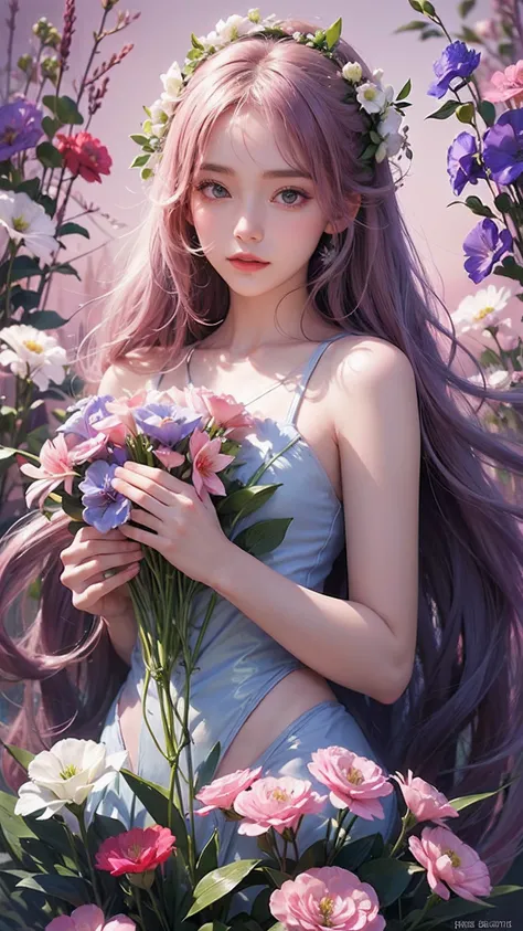 1girl, long hair, flower, Lisianthus, in the style of light pink and light azure, dreamy and romantic compositions, pale pink, ethereal foliage, playful arrangements,fantasy, high contrast, ink strokes, explosions, over exposure, purple and red tone impres...