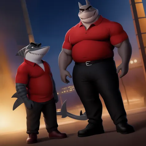 imagine mr. shark, the stocky and strong humanoid shark from the movie "the bad guys". he has a fat and chubby build, with a bod...