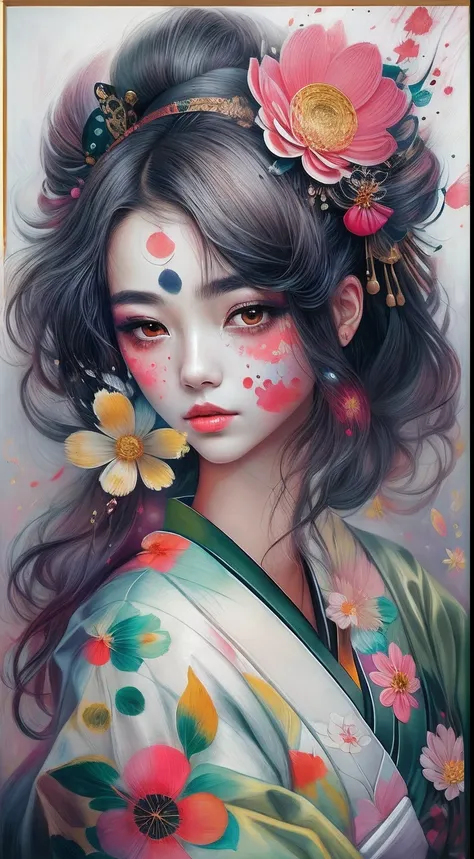 best qualtiy，tmasterpiece，portrait of 1 girl，smudge art，core pulp（1 geisha）the drops，melted，flower background