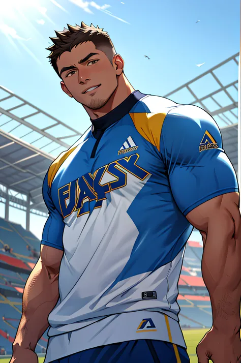 Draw a full-fledged athlete，Stand on the central field of the gym，He wears high-end sportswear，The man looks confident and determined，rays of sunshine，cheerful big breasts，Handsome，Crew cut，full bodyesbian，shooting from below，