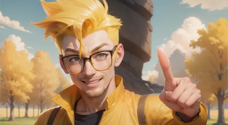 man with yellow quiff hair, wearing round glasses, yellow clothes, pointing out, happy expression,background with a field with trees and a curled blue sky,style of a Disney Pixar cartoon