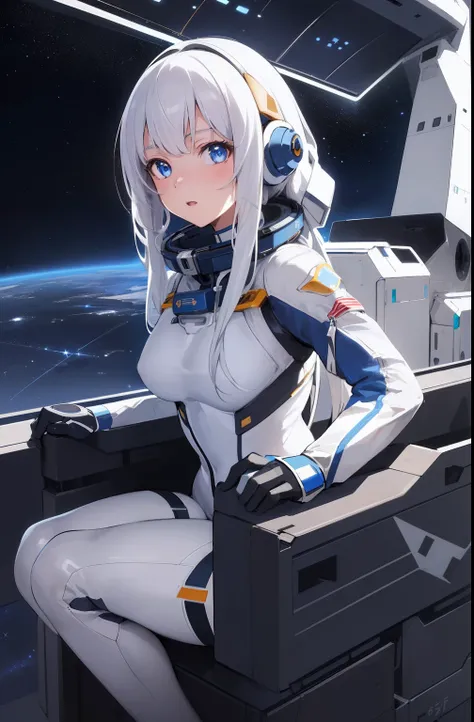 (masuter piece,Best Quality,Ultra-detailed), (A detailed face), hight resolution, 1girl in, White hair, long, Twin-tailed, Blue eyes, kosmos, spaceships, SF, space astronaut, astronaut suit, No helmet, Stars, Fully equipped rooms