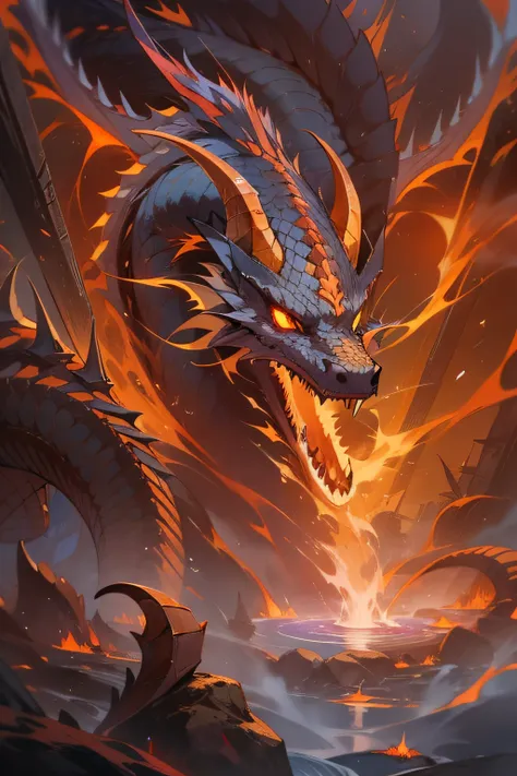 "immerse yourself in the awe-inspiring grandeur of an enigmatic dragon bathed in the ethereal glow of infernal flames, as ancien...