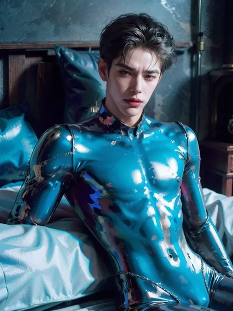 Huang Xuanchen，full bodyesbian，Lie down in bed，Tied up，Cant move，full bodyesbian，Sunny and handsome，Muscular body，large muscle，fully body photo，One-piece latex garment，latex shiny, latex legwear，latex glove，Shin Evangelion，Put it on the combat base，Blue ti...