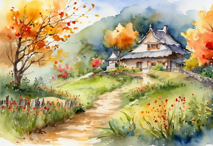 ultra - detailed, 超高分辨率, Watercolor illustration of Mid-Autumn countryside, lush colors, Splendid scenery, Dreamy atmosphere, light bloom