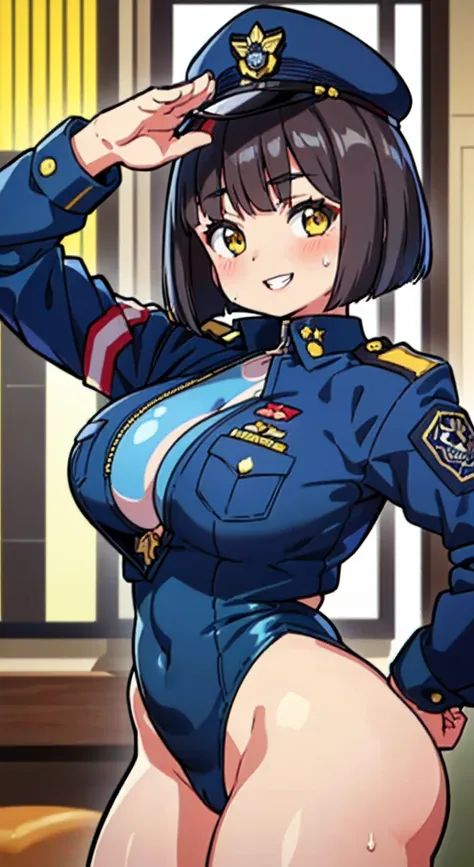 (Perfect body),Best Quality,(8K Portrait),(anime screen cap)、((Police Woman)),blush,Sweat,((large udder))、(Dark hair),((bob cuts))、Yellow eyes,(((thick thighs))),((((Navy blue leotard))))、adult  woman、((A smile))、Cowboy Shot、((saluting))、((((Left hand on h...