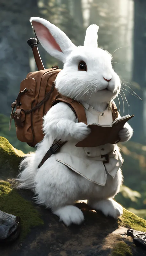 Classic negative portrait photo, fantasy video game character concept art, a cute white fluffy rabbit with a small brown leather backpack looking at a map hiking through the forest, dungeons and dragons, fantasy, river, haze, halo, Bloom, dramatic atmosphe...