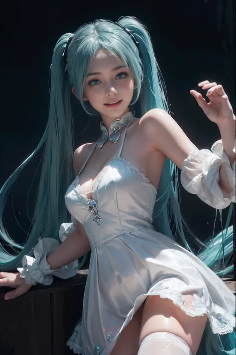 (((hatsune miku charakter))), (((tosca hair color))), ((long twin tail hair with pony)), looking at the view, eyes on the view, (((happy face))), smile (big smile), (open mouth), (((full body photo))), 21 years old girl, perfect body, perfect anatomy, tosc...