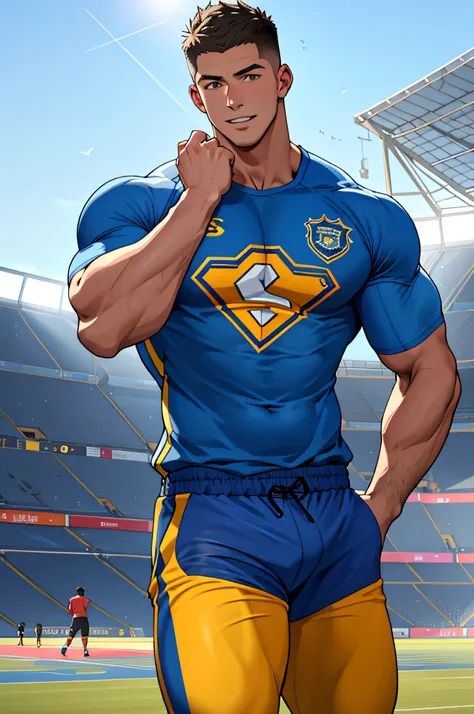 Draw a full-fledged athlete，Stand on the central field of the gym，He wears high-end sportswear，The man looks confident and determined，rays of sunshine，cheerful big breasts，Handsome，Crew cut，full bodyesbian，shooting from below，