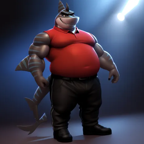 Masterpiece, render 3d, beautifull lighting, chibi style rImagine Mr. Shark, the stocky and strong humanoid shark from the movie "The Bad Guys". He has a fat and chubby build, with a body similar to that of a shark, but with humanoid features. Its skin is ...