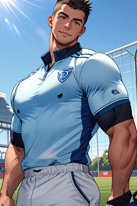 Draw a full-fledged athlete，Stand on the central field of the gym，He wears high-end sportswear，The man looks confident and determined，rays of sunshine，cheerful big breasts，Handsome，Crew cut，full bodyesbian，shooting from below，