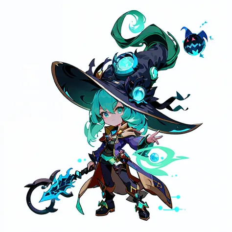 Anime characters with green hats and black hats with swords, epic mage girl character, character art of maple story, mechanized witch girl, bright witch, dark witch character, fantasy mage, style of duelyst, sorcerer magic witch, arcane art style, Mage, so...