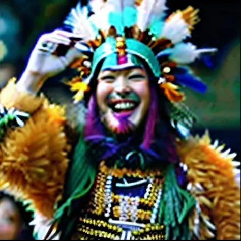 Laughing man with feather headdress on head