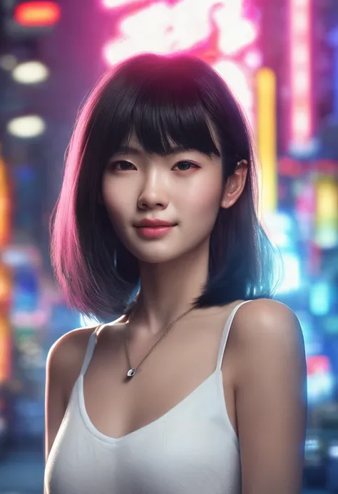 Straight black hair, Silky hair, The hairstyle is short Bob, Wear a well-fitting white T-shirt, Large of breast, Luminism, smooth soft skin, Symmetrical, Natural skin texture, Neon is illuminated with neon as the only light source, young Japan woman，Smooth...