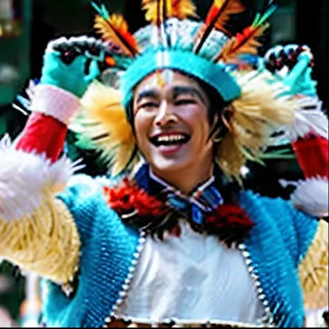 Laughing man with feather headdress on head