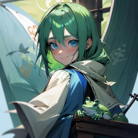 Green hair，Shrine Priestess，Frog hairpin，The Conjuring Flag，blue color eyes