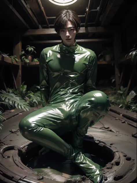 swampland hwang hyun-chen green shiny latex set young korean male full body photo trapped in a mud tight latex set