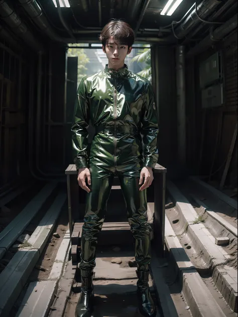 Swampland Hwang Hyun-chen Green Shiny Latex Set Young Korean Male Full Body Photo Trapped in a Mud Tight Latex Set