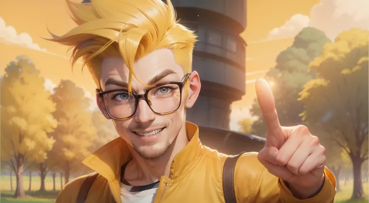 man with yellow quiff hair, wearing round glasses, yellow clothes, pointing out, happy expression,background with a field with trees and a curled blue sky,style of a Disney Pixar cartoon