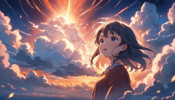 masterpiece, best quality, movie still, 1girl, cloud girl, floating in the sky, close-up, bright, happy, warm soft lighting, sunset, (sparks:0.7)