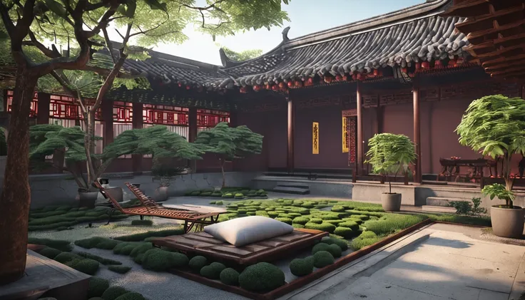 wide wide shot，Chinese Garden，After entering the courtyard，You will see a spacious and tidy courtyard。It is surrounded by rooms with different functions，The floor of the courtyard is paved with stone slabs，It is surrounded by bamboo。A variety of green plan...