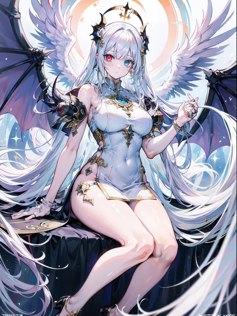 Monster angels that look sacred，His eyes are waiting for heterochromia，His whole body consists of a huge one-eyed eye，and a metal ring around one eye，The ring is crawling with the eyeball，The dragon has many wings on the white holy angel