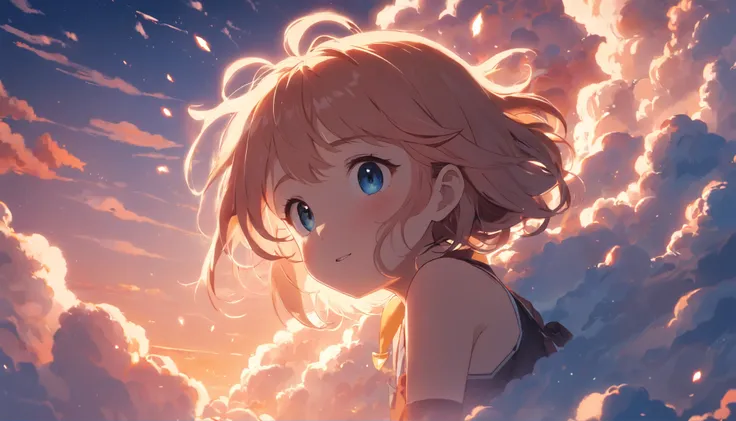 masterpiece, best quality, movie still, 1girl, cloud girl, floating in the sky, close-up, bright, happy, warm soft lighting, sunset, (sparks:0.7)