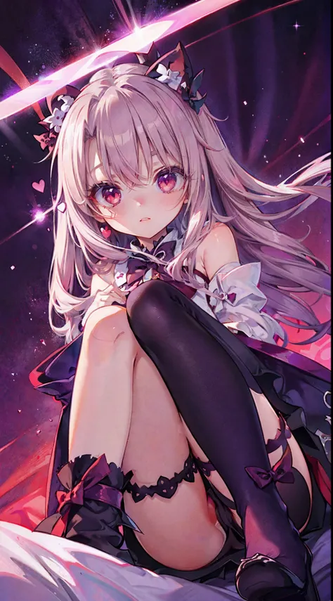 High detail, Heart-shaped pupils，purpleish color，red colour，Love pupils，cropped shoulders，Bow knot，Slender maiden,highly rendered，detailed face with，white stockings，hason，