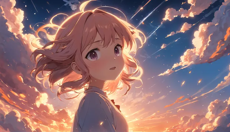 masterpiece, best quality, movie still, 1girl, cloud girl, floating in the sky, close-up, bright, happy, warm soft lighting, sunset, (sparks:0.7)