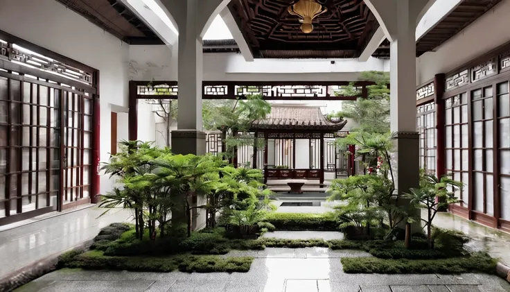 wide wide shot，Chinese Garden，After entering the courtyard，You will see a spacious and tidy courtyard。It is surrounded by rooms with different functions，The floor of the courtyard is paved with stone slabs，It is surrounded by bamboo。A variety of greenery i...